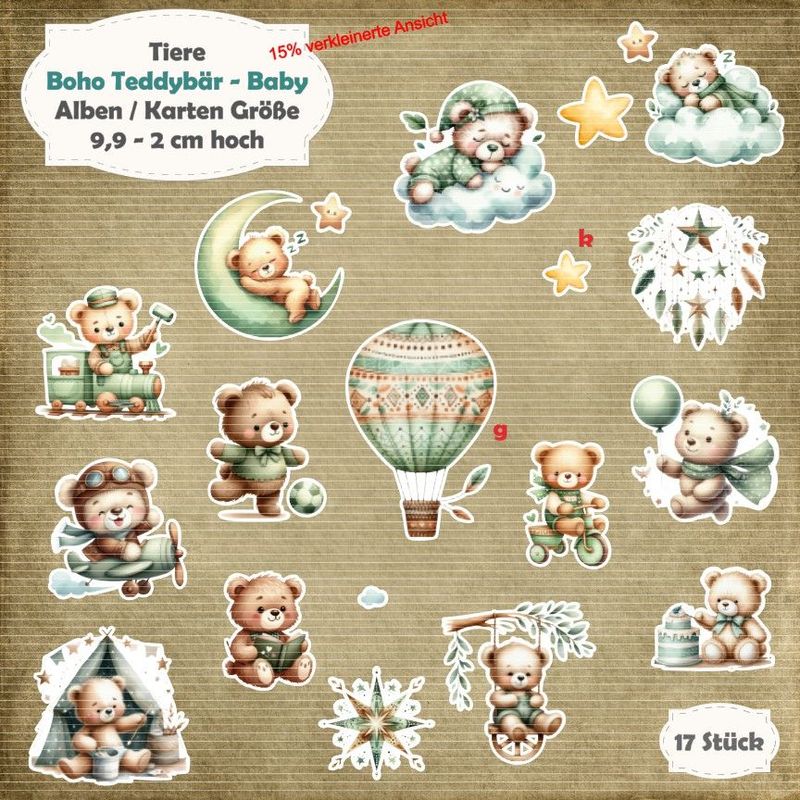 Boho Teddybär - Baby - 210g - Alben / Karten Größe - 17 Stanzteile - Die Cut*
