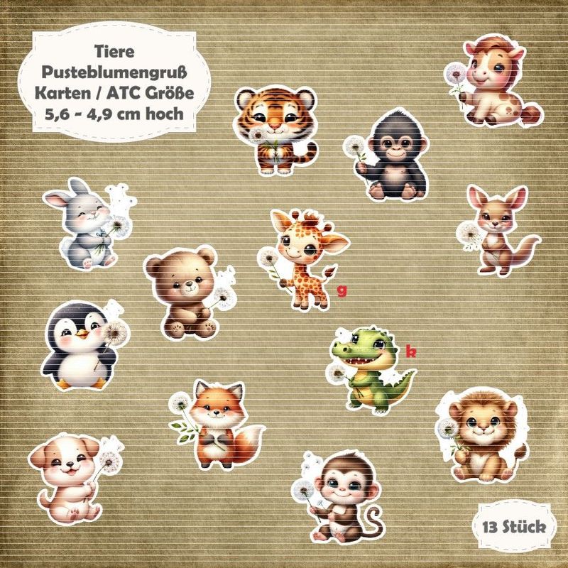 Pusteblumengruß - Tier-Mix - 300g - Karten / ATC Größe - 13 Stanzteile - Die Cut