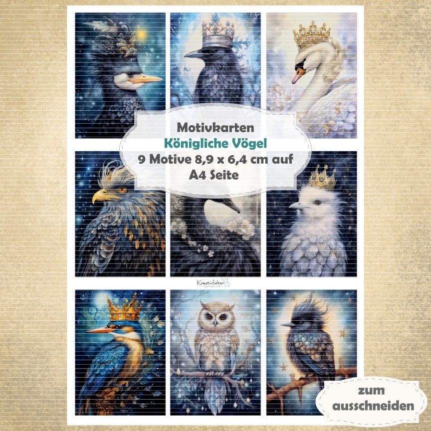 Königliche Vögel - Motivkarten - A4 Hochformat - 1 Seite mit 9 Motiven Königliche Vögel - Motivkarten - A4 Hochformat - 1 Seite mit 9 Motiven