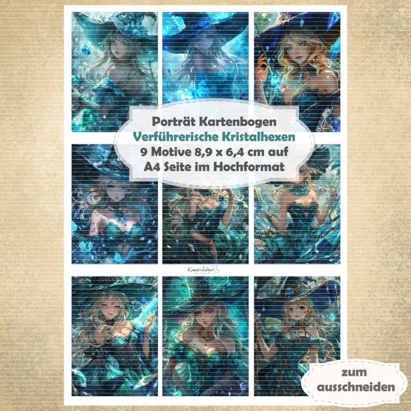 Verführerische Kristallhexen - Motivkarten - A4 Hochformat - 1 Seite mit 9 Motiven*