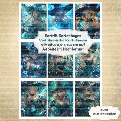 Verführerische Kristallhexen - Motivkarten - A4 Hochformat - 1 Seite mit 9 Motiven