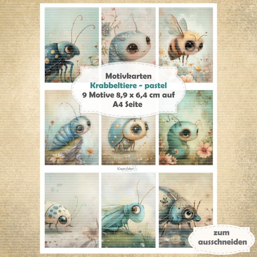 Krabbeltiere - pastel - Motivkarten - A4 Hochformat - 1 Seite mit 9 Motiven Krabbeltiere - pastel - Motivkarten - A4 Hochformat - 1 Seite mit 9 Motiven