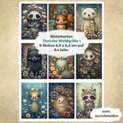 Tierische Waldgrüße 1 - Motivkarten  - A4 - 1 Seite mit 9 Motiven