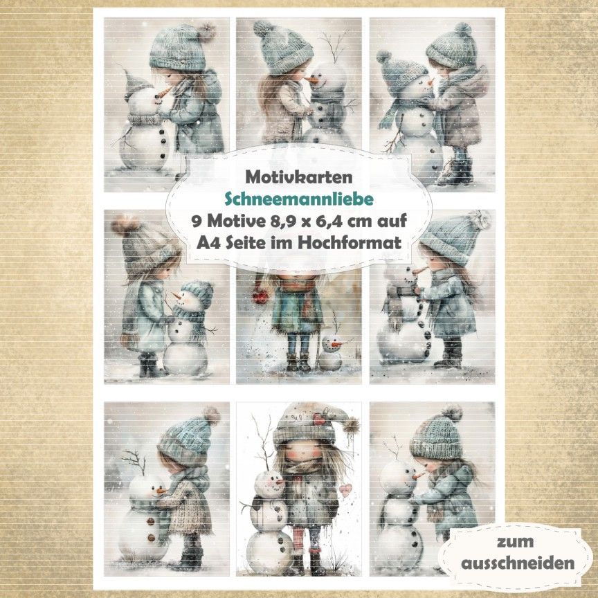 Schneemannliebe - Motivkarten - A4 Hochformat - 1 Seite mit 9 Motiven