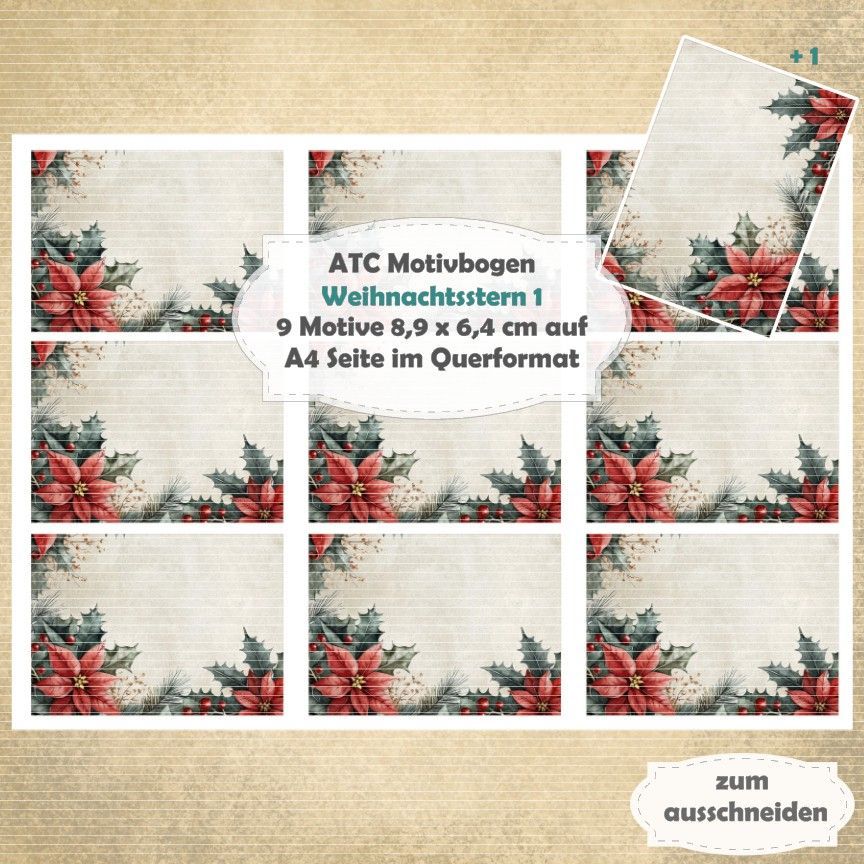 Weihnachtsstern 1 - ATC Motivbogen - A4 Querformat - 1 Seite mit 9 Motiven