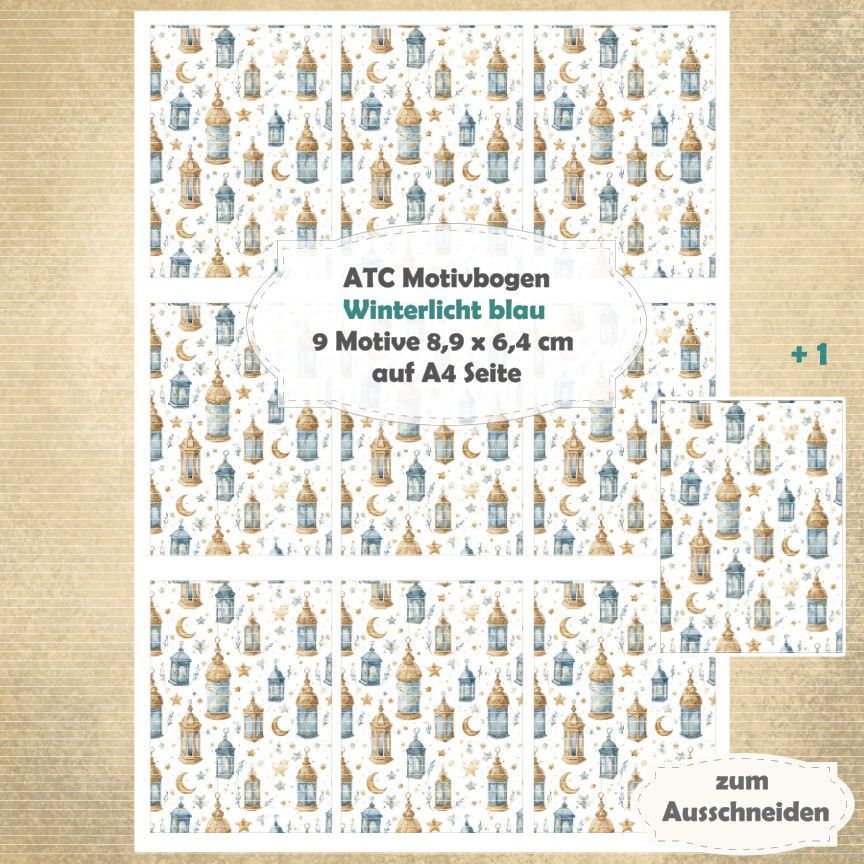 Winterlicht blau - ATC Motivbogen - A4 Hochformat - 1 Seite mit 9 Motiven