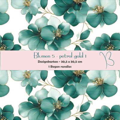 Blumen 5 - petrol/gold 1 - Designkarton - 30,5 x 30,5 cm - randlos - 1 Bogen