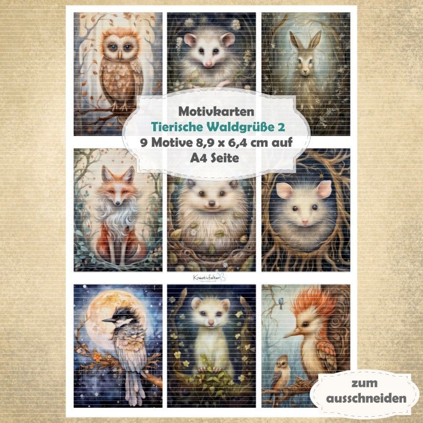 Tierische Waldgrüße 2 - Motivkarten  - A4 - 1 Seite mit 9 Motiven