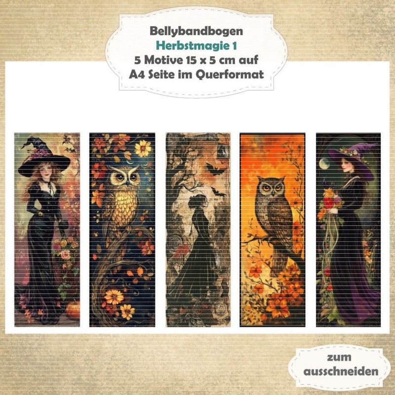 Herbstmagie 1 -  Bellybandbogen - Lesezeichen - A4 quer - 1 Seite mit 5 Motiven
