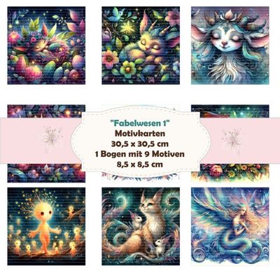 Fabelwesen 1 - Motivkarten - 8,5 x 8,5 cm - 9 Motive - 1 Bogen*