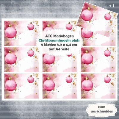 Christbaumkugeln - pink - ATC Motivbogen - A4 Querformat - 1 Seite mit 9 Motiven