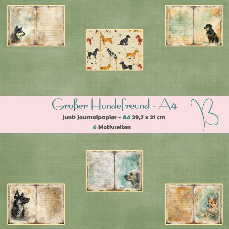 Großer Hundefreund - A4 - Junk Journal Seiten - quer - 6 Seiten