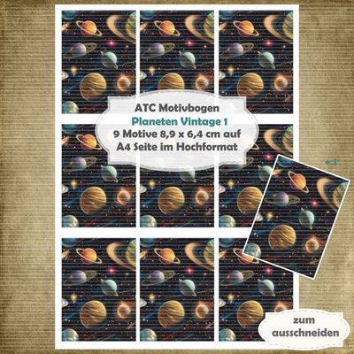 Planeten Vintage 1 - ATC Motivbogen - A4 Hochformat - 1 Seite mit 9 Motiven Planeten Vintage 1 - ATC Motivbogen - A4 Hochformat - 1 Seite mit 9 Motiven