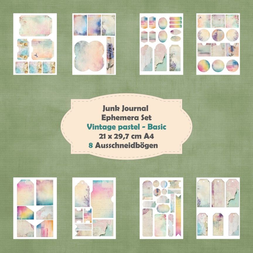 Vintage pastel - Basic - Ephemera Set - Ausschneidebögen - Junk Journal - A4 -  8 Seiten