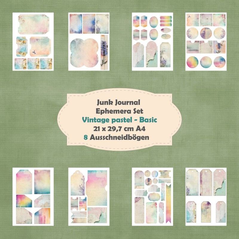 Vintage pastel - Basic - Ephemera Set - Ausschneidebögen - Junk Journal - A4 -  8 Seiten