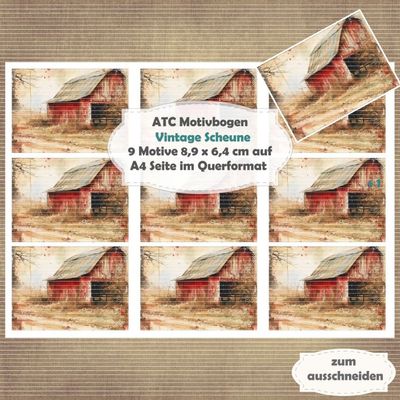 Vintage Scheune  - ATC Motivbogen - A4 Querformat - 1 Seite mit 9 Motiven