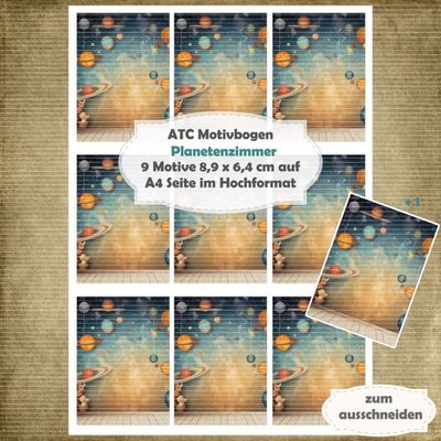 Planetenzimmer - ATC Motivbogen - A4 Hochformat - 1 Seite mit 9 Motiven Planetenzimmer - ATC Motivbogen - A4 Hochformat - 1 Seite mit 9 Motiven