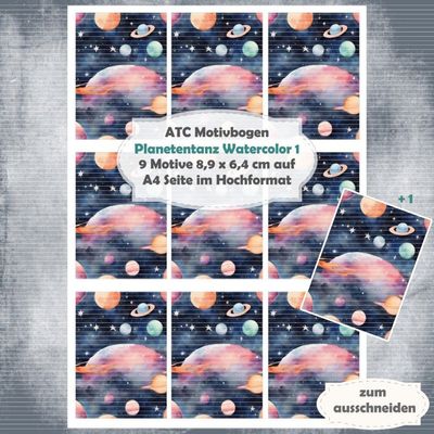 Planetentanz Watercolor 1 - ATC Motivbogen - A4 Hochformat - 1 Seite mit 9 Motiven Planetentanz Watercolor 1 - ATC Motivbogen - A4 Hochformat - 1 Seite mit 9 Motiven