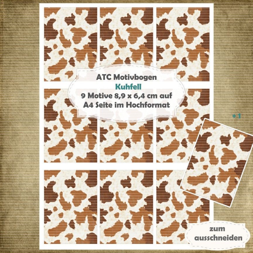 Kuhfell  - ATC Motivbogen - A4 Hochformat - 1 Seite mit 9 Motiven