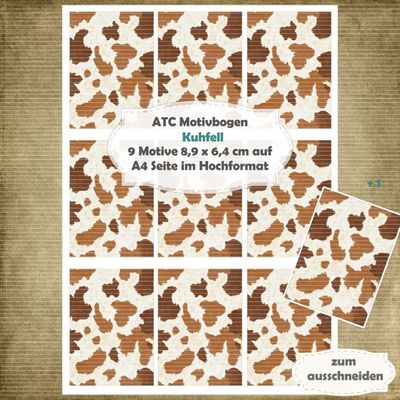 Kuhfell  - ATC Motivbogen - A4 Hochformat - 1 Seite mit 9 Motiven