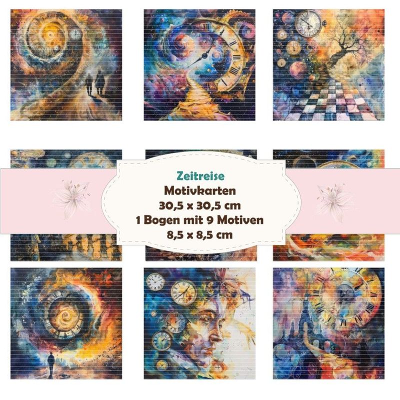 Zeitreise - Motivkarten - 8,5 x 8,5 cm - 9 Motive - 1 Bogen