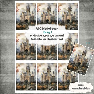 Burg 1 - ATC Motivbogen - A4 Hochformat - 1 Seite mit 9 Motiven Burg 1 - ATC Motivbogen - A4 Hochformat - 1 Seite mit 9 Motiven
