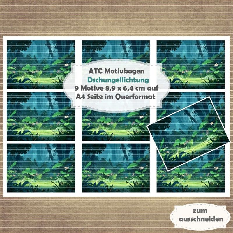 Dschungellichtung - ATC Motivbogen - A4 Querformat - 1 Seite mit 9 Motiven