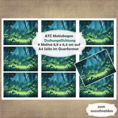 Dschungellichtung - ATC Motivbogen - A4 Querformat - 1 Seite mit 9 Motiven