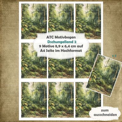 Dschungelland 2 - ATC Motivbogen - A4 Hochformat - 1 Seite mit 9 Motiven Dschungelland 2 - ATC Motivbogen - A4 Hochformat - 1 Seite mit 9 Motiven