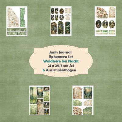 Waldtiere bei Nacht - Ephemera Set - Ausschneidebögen - Junk Journal - A4 -  5 Seiten*