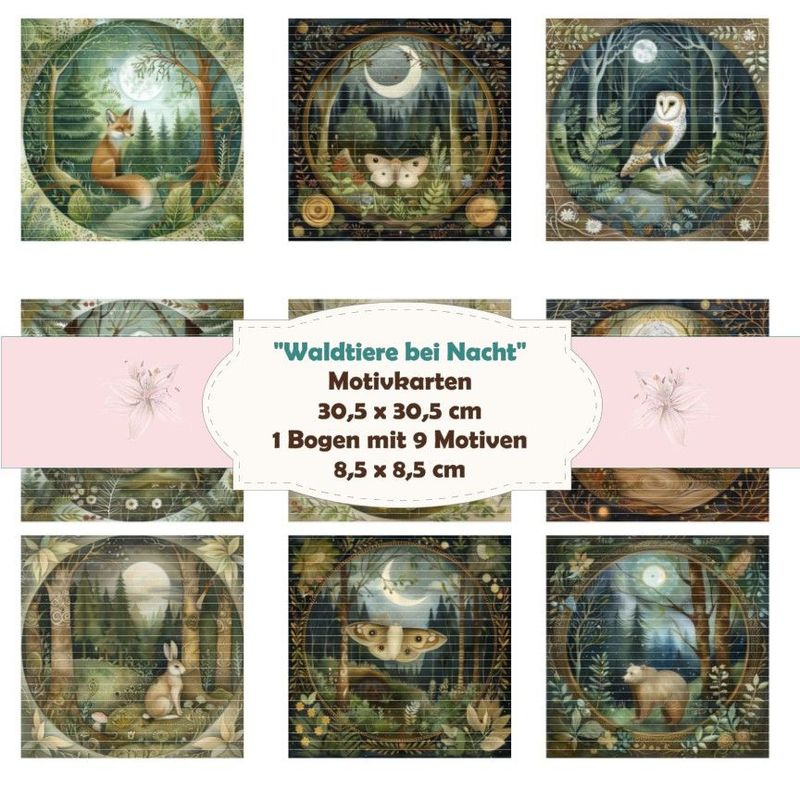Waldtiere bei Nacht - Motivkarten - 8,5 x 8,5 cm - 9 Motive - 1 Bogen