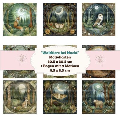 Waldtiere bei Nacht - Motivkarten - 8,5 x 8,5 cm - 9 Motive - 1 Bogen