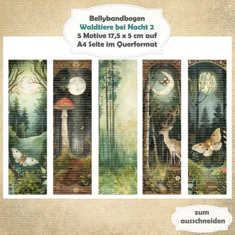 Waldtiere bei Nacht 2 -  Bellybandbogen - Lesezeichen - A4 quer - 1 Seite mit 5 Motiven