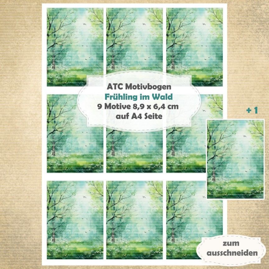 Frühling im Wald - ATC Motivbogen - A4 Hochformat - 1 Seite mit 9 Motiven