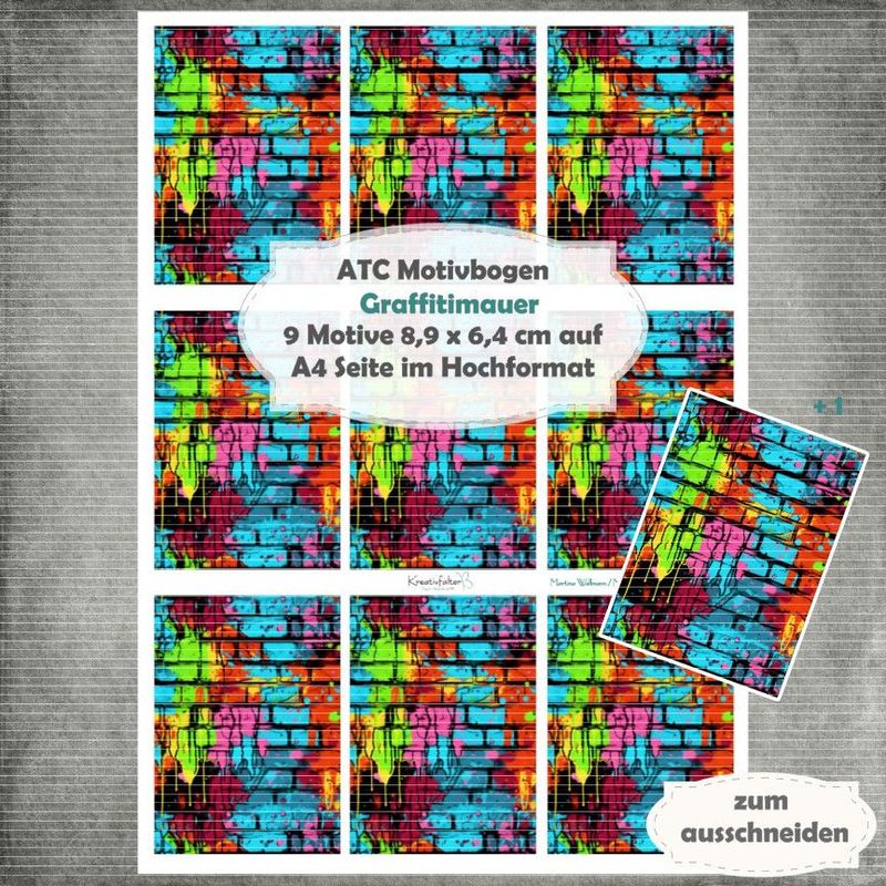 Graffitimauer - ATC Motivbogen - A4 Hochformat - 1 Seite mit 9 Motiven*