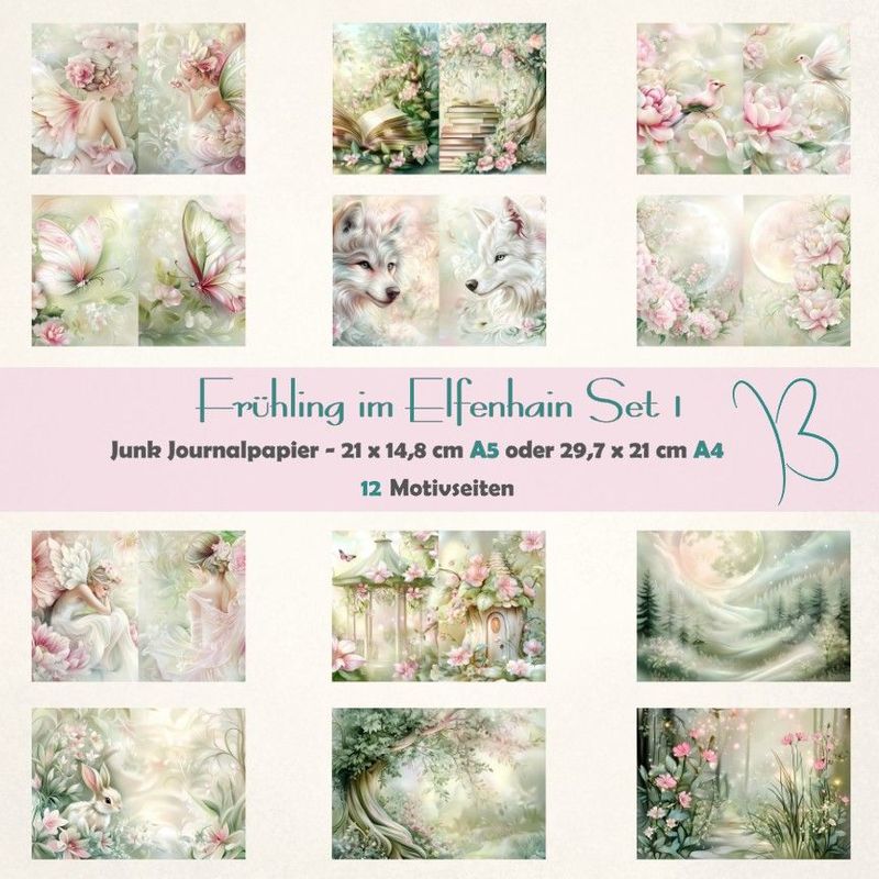 Frühling im Elfenhain Set 1 - A4 oder A5 - Junk Journal Seiten - quer - 12 Seiten*