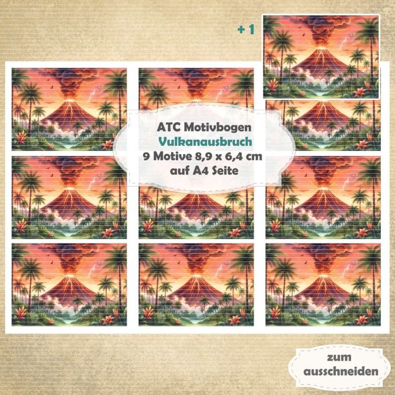 Vulkanausbruch - ATC Motivbogen - A4 Querformat - 1 Seite mit 9 Motiven