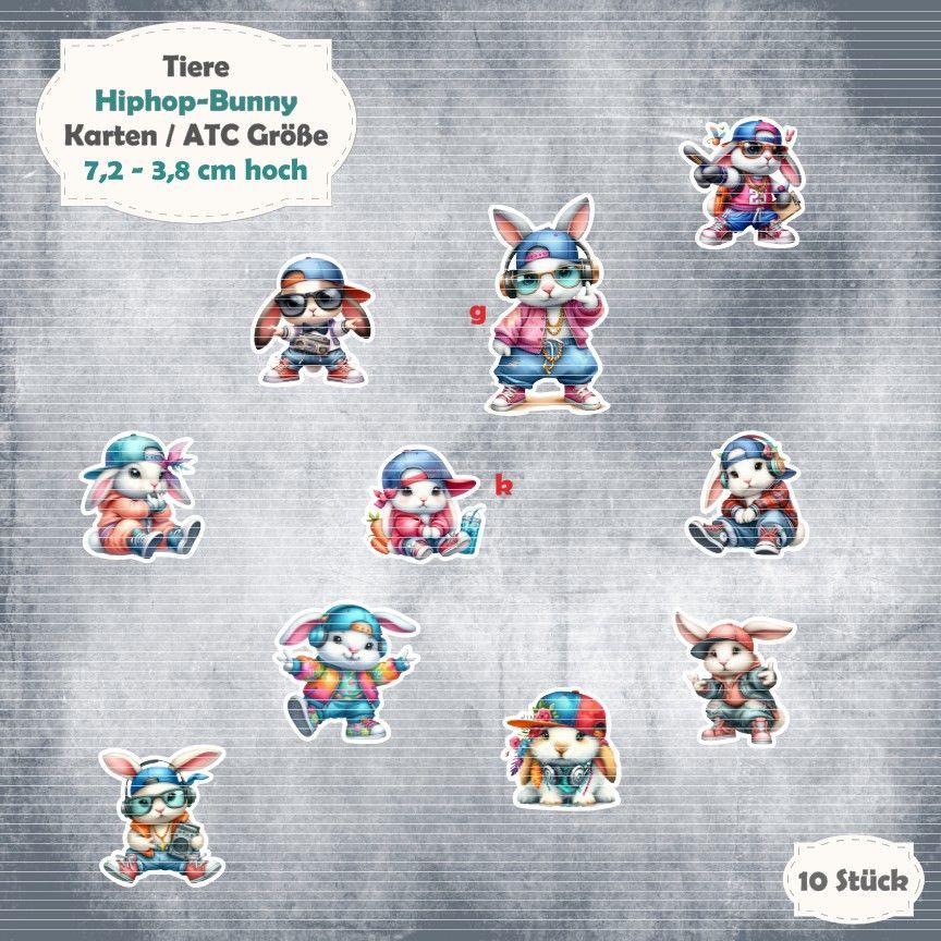Hiphop-Bunny - 300g - Karten /  ATC Größe - 10 Stanzteile - Die Cut*