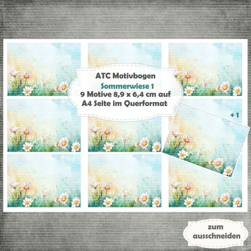 Sommerwiese 1 - ATC Motivbogen - A4 Querformat - 1 Seite mit 9 Motiven Sommerwiese 1 - ATC Motivbogen - A4 Querformat - 1 Seite mit 9 Motiven