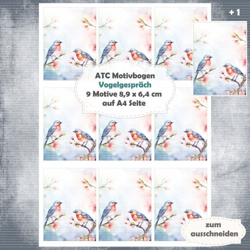 Vogelgespräch - ATC Motivbogen - A4 Hochformat - 1 Seite mit 9 Motiven