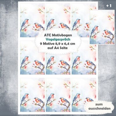 Vogelgespräch - ATC Motivbogen - A4 Hochformat - 1 Seite mit 9 Motiven
