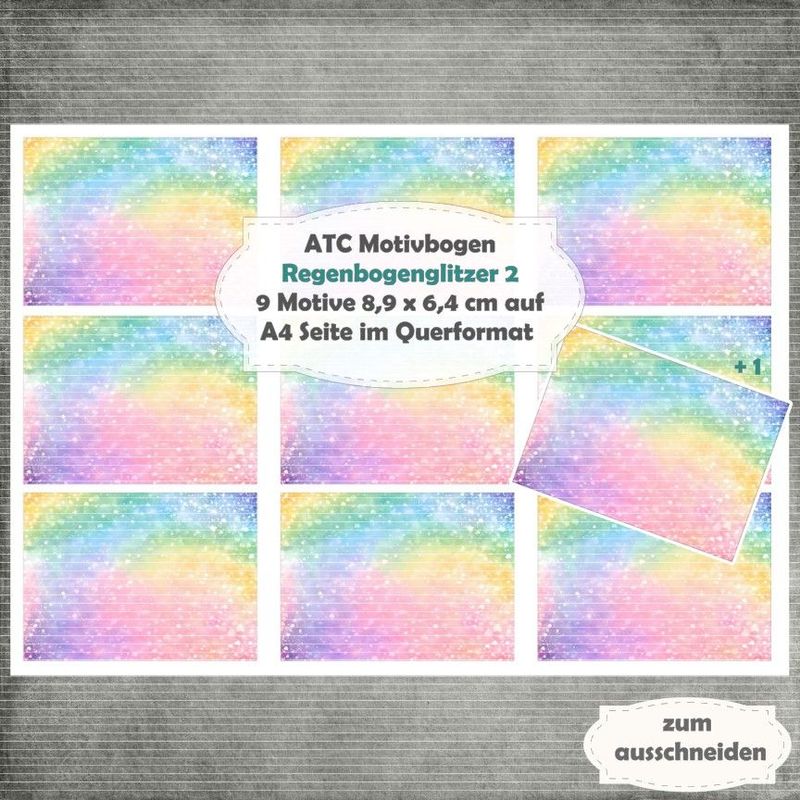 Regenbogenglitzer 2 - ATC Motivbogen - A4 Querformat - 1 Seite mit 9 Motiven Regenbogenglitzer 2 - ATC Motivbogen - A4 Querformat - 1 Seite mit 9 Motiven