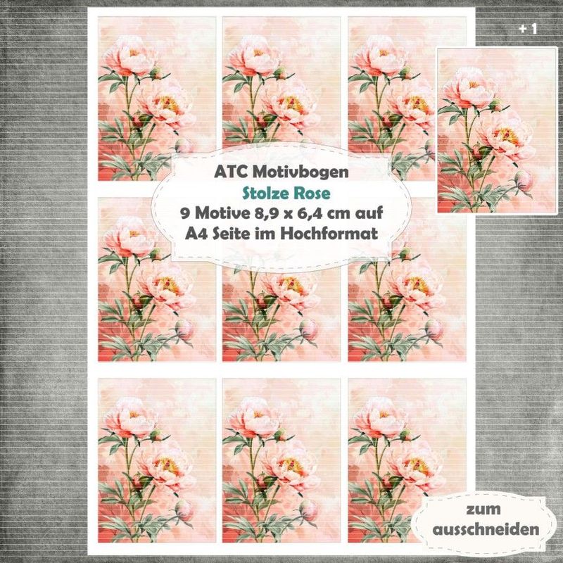 Stolze Rose - ATC Motivbogen - A4 Hochformat - 1 Seite mit 9 Motiven