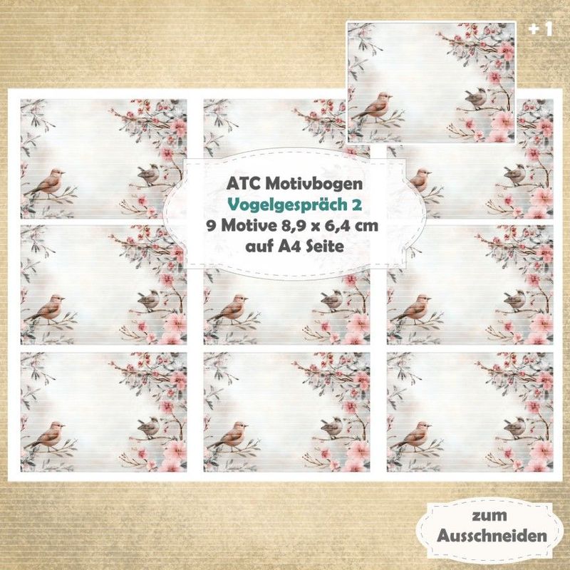Vogelgespräch 2 - ATC Motivbogen - A4 Querformat - 1 Seite mit 9 Motiven