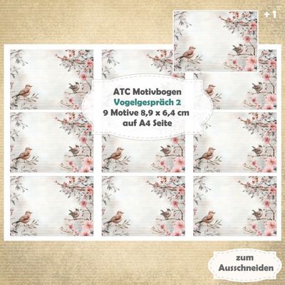Vogelgespräch 2 - ATC Motivbogen - A4 Querformat - 1 Seite mit 9 Motiven