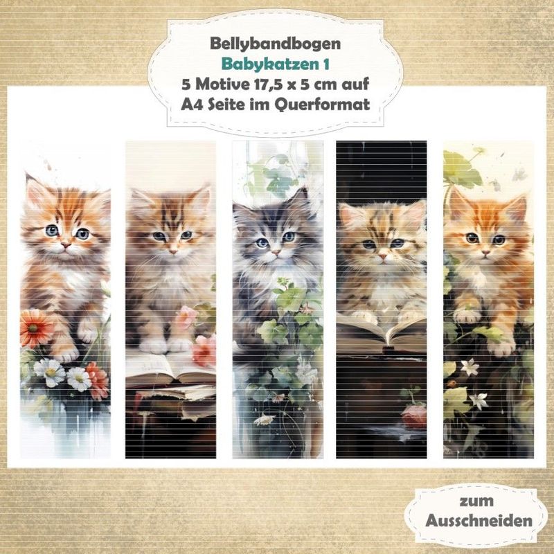 Babykatzen 1 -  Bellybandbogen - Lesezeichen - A4 quer - 1 Seite mit 5 Motiven