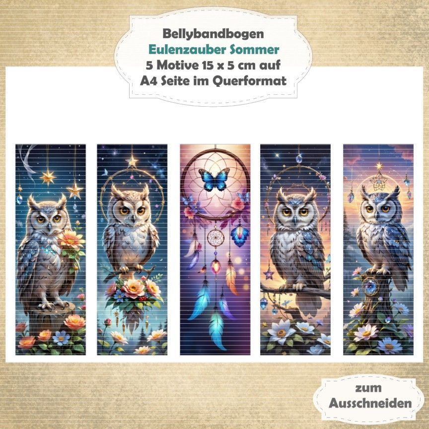 Eulenzauber Sommer -  Bellybandbogen - Lesezeichen - A4 quer - 1 Seite mit 5 Motiven
