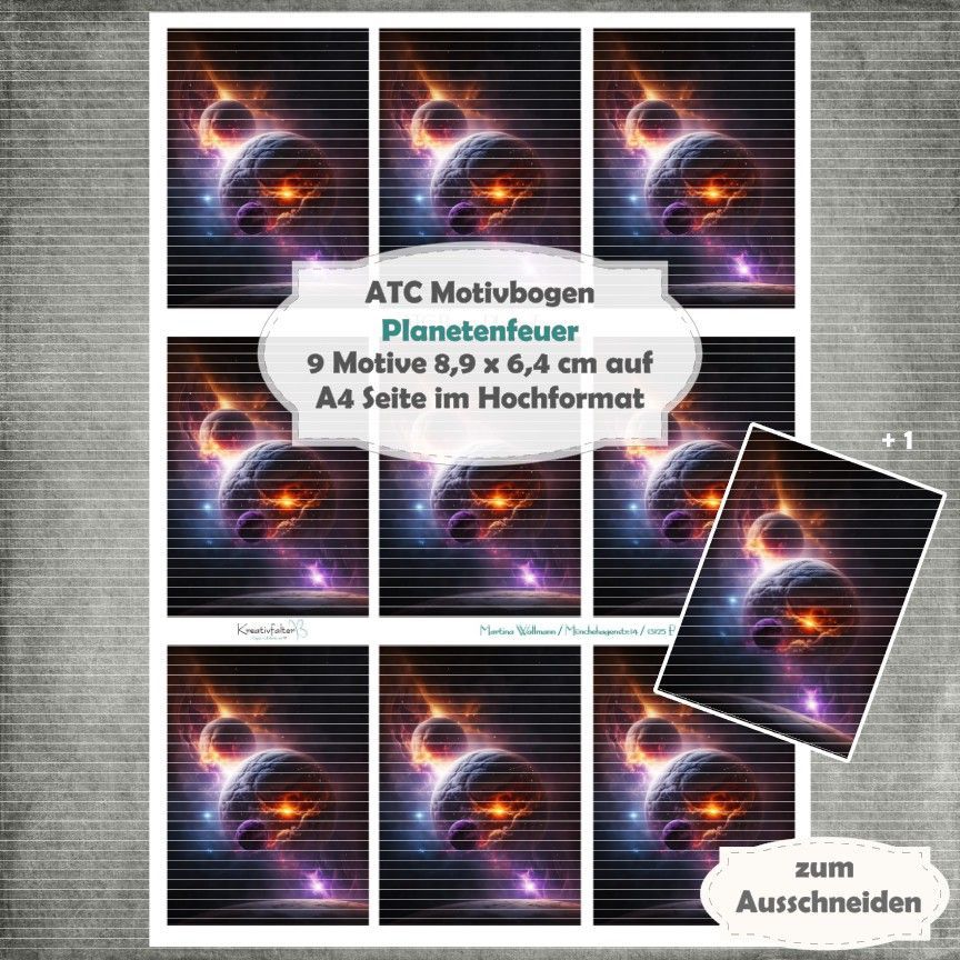 Planetenfeuer 1 - ATC Motivbogen - A4 Hochformat - 1 Seite mit 9 Motiven* Planetenfeuer 1 - ATC Motivbogen - A4 Hochformat - 1 Seite mit 9 Motiven*