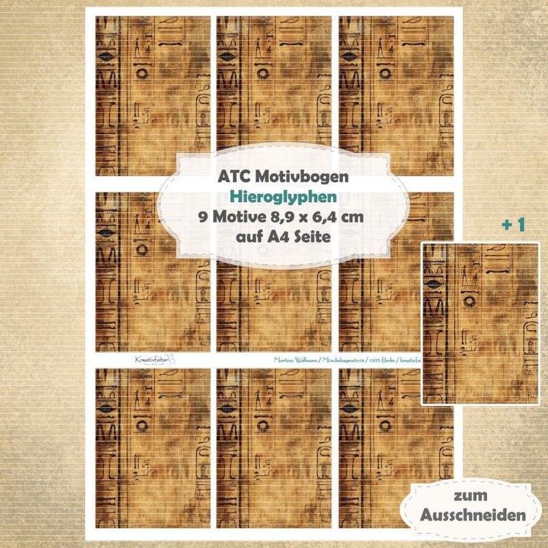 Hieroglyphen - ATC Motivbogen - A4 Hochformat - 1 Seite mit 9 Motiven