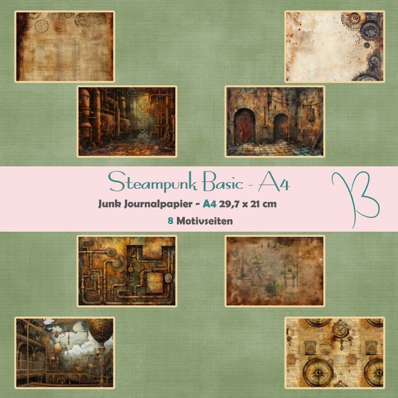 Steampunk Basic - A4 - Junk Journal Seiten - quer - 8 Seiten
